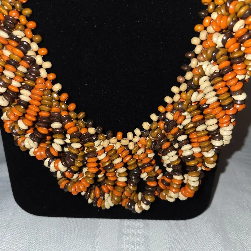 Multi Strand Seed Beads Necklace Fashion Fall Color Orange Brown Cream Costume - Picture 2 of 9